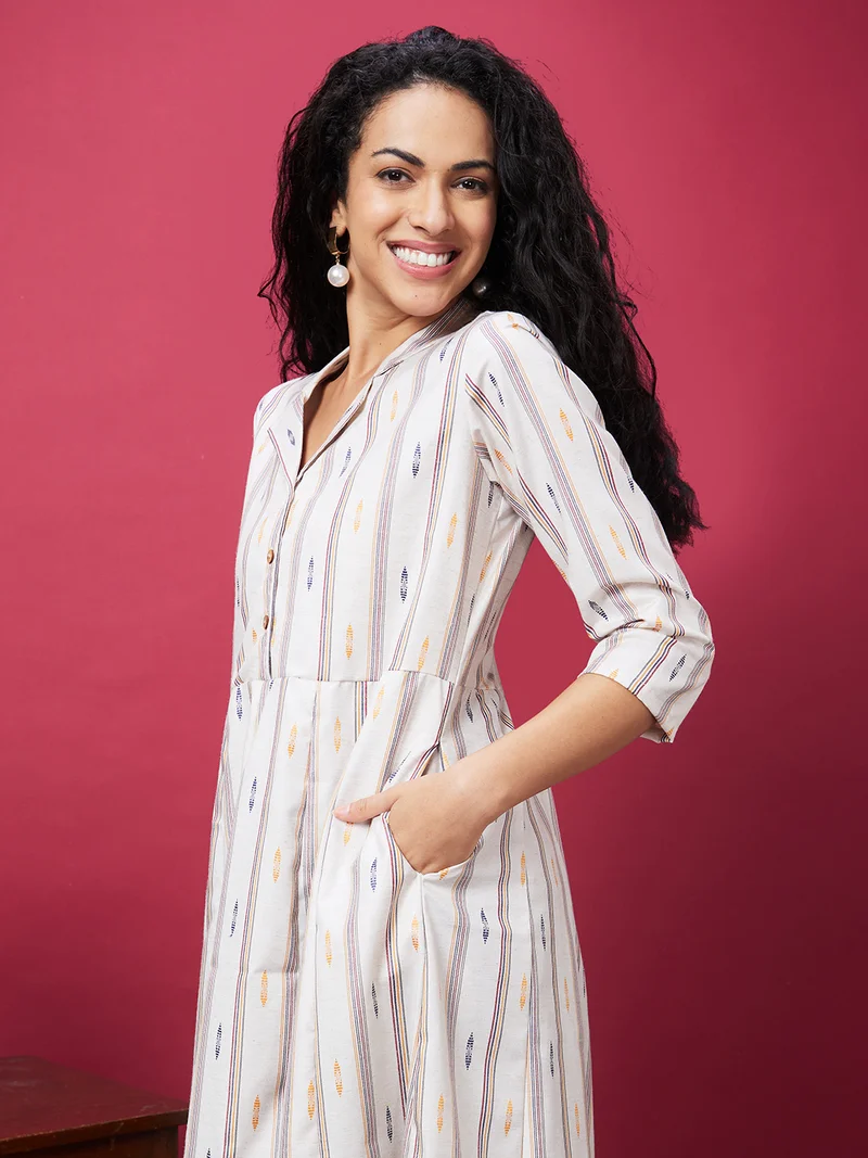 globus Women Off White Striped Pure Cotton A-Line Kurta