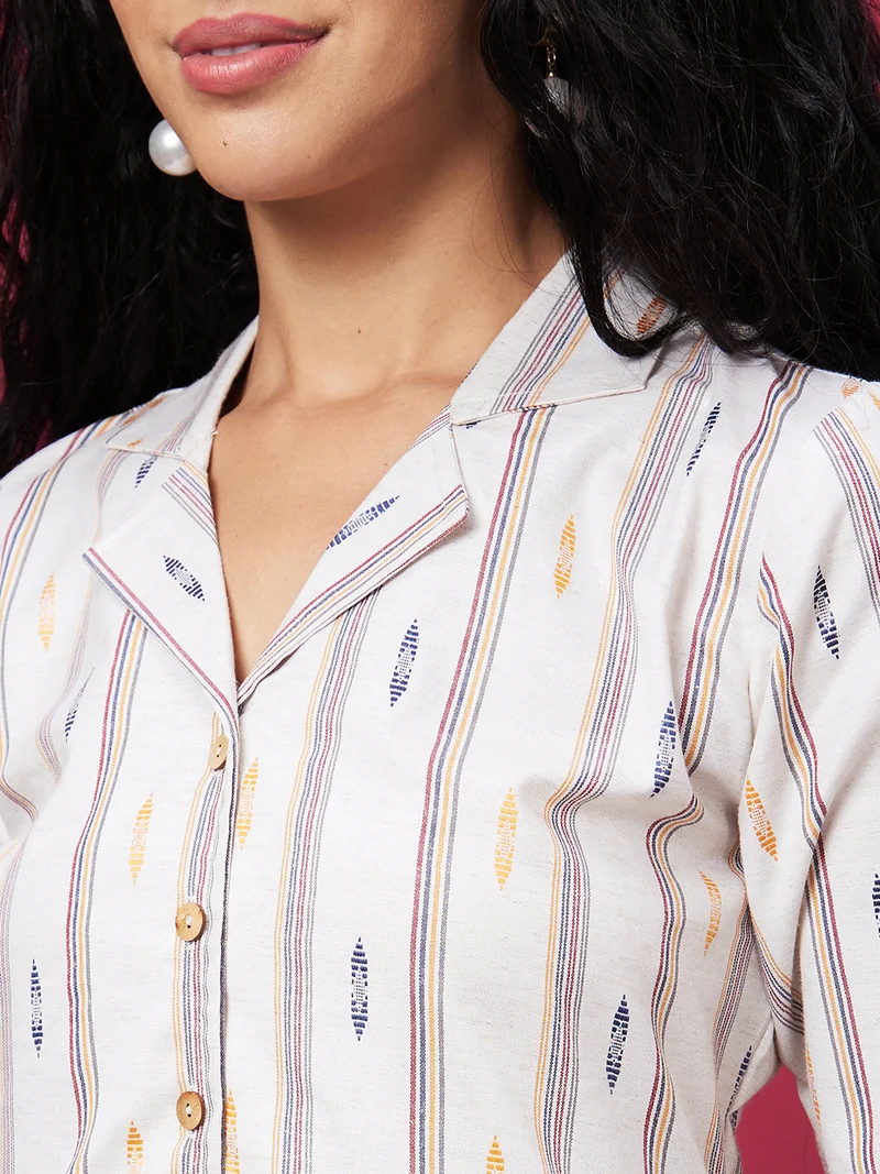 globus Women Off White Striped Pure Cotton A-Line Kurta