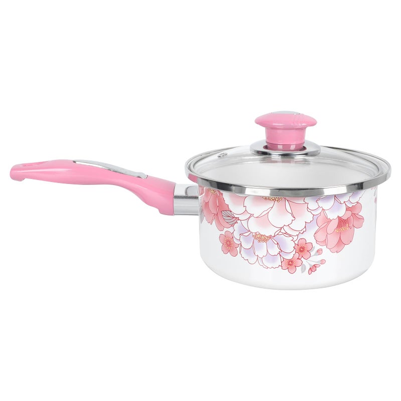 Vaguelly Enamel Saucepan 1500ml Floral Small Cooking Pot Casserole with Glass Lid Handle Pink Milk Pan Ramen Stockpots for Induction Electric and Gas Stoves