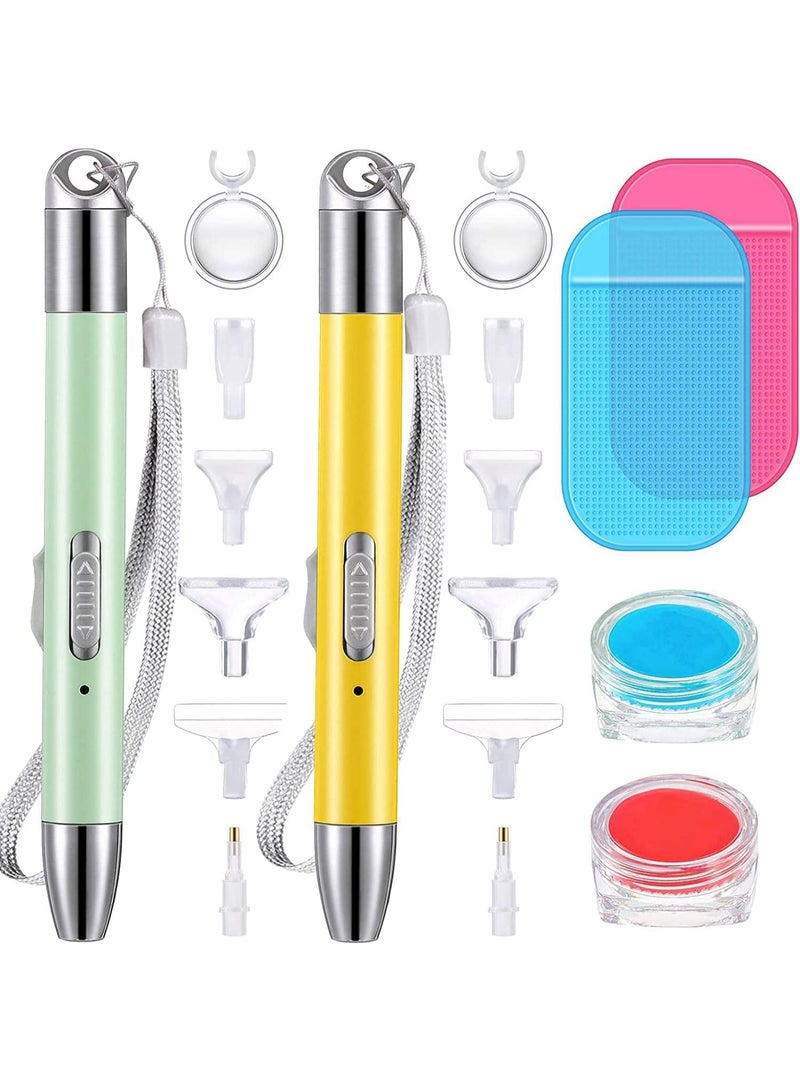Bukela 2 Pieces Diamond Painting Pen with Light Drill Pens Diamond Painting Accessories 12 Pen Heads, 2 Anti-Slip Mats, 2 Wax Organizer Cases for DIY Painting Craft Supplies Tools(Yellow, Green) - Image 1