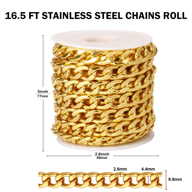 Ucevi [16.5 FT] 18K Gold Plated Curb Chain for Jewelry Making, 9.8mm Wide 304 Stainless Steel Cuban Link Chain Roll Bulk for DIY Jewelry Making Craft - Image 2