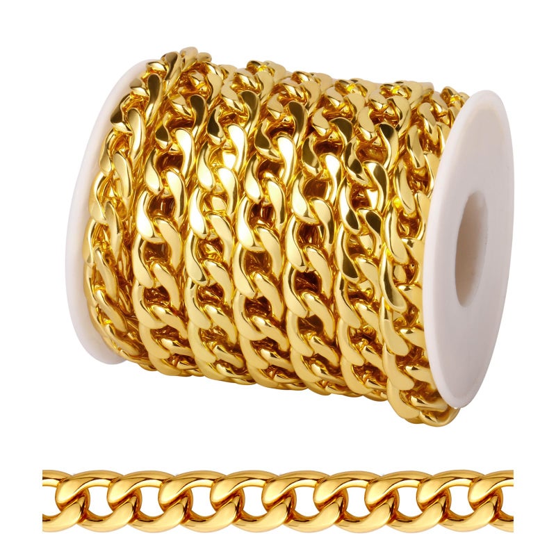 Ucevi [16.5 FT] 18K Gold Plated Curb Chain for Jewelry Making, 9.8mm Wide 304 Stainless Steel Cuban Link Chain Roll Bulk for DIY Jewelry Making Craft - Image 1