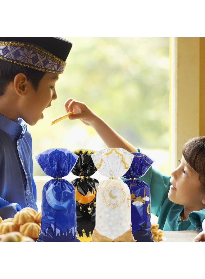 Chielor 100 Pcs Eid Mubarak Candy Bags for Gifts, Ramadan Kareem Goodie Cellophane Treat Bags, Muslim Castle Moon Star Pattern Bags Goody Favor Bags for Diwali Party Supplies (White, Orange, Black, Blue) - Image 5