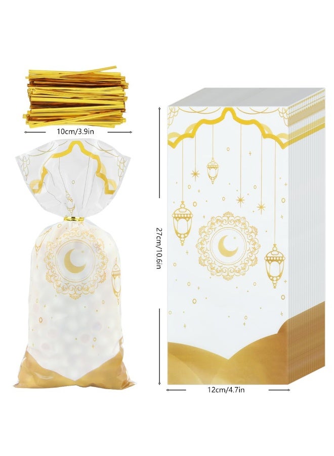 Chielor 100 Pcs Eid Mubarak Candy Bags for Gifts, Ramadan Kareem Goodie Cellophane Treat Bags, Muslim Castle Moon Star Pattern Bags Goody Favor Bags for Diwali Party Supplies (White, Orange, Black, Blue) - Image 2