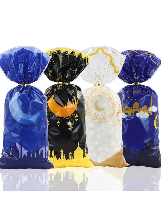 Chielor 100 Pcs Eid Mubarak Candy Bags for Gifts, Ramadan Kareem Goodie Cellophane Treat Bags, Muslim Castle Moon Star Pattern Bags Goody Favor Bags for Diwali Party Supplies (White, Orange, Black, Blue) - Image 1