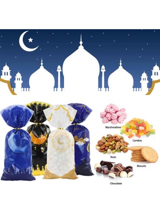 100 Pcs Eid Mubarak Candy Bags for Gifts, Ramadan Kareem Goodie Cellophane Treat Bags, Muslim Castle Moon Star Pattern Bags Goody Favor Bags for Diwali Party Supplies (White, Orange, Black, Blue) - view 4