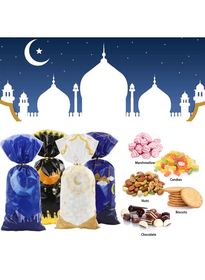 Chielor 100 Pcs Eid Mubarak Candy Bags for Gifts, Ramadan Kareem Goodie Cellophane Treat Bags, Muslim Castle Moon Star Pattern Bags Goody Favor Bags for Diwali Party Supplies (White, Orange, Black, Blue) - Image 4