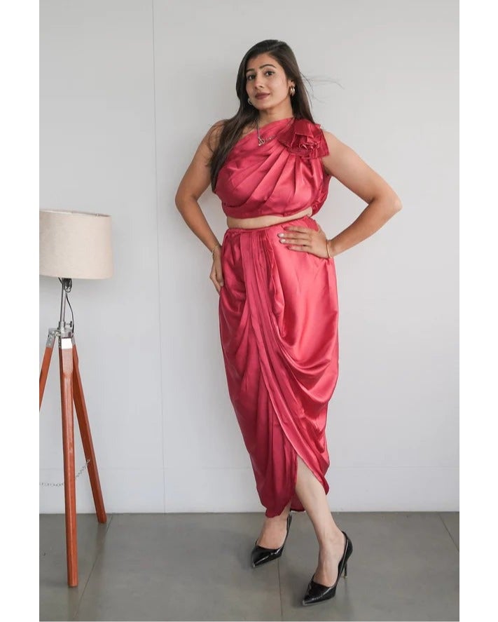 PRASHA One Shoulder Pink Top with Pleated Pink Dhoti Skirt Partywear Co - ord Set - Image 1