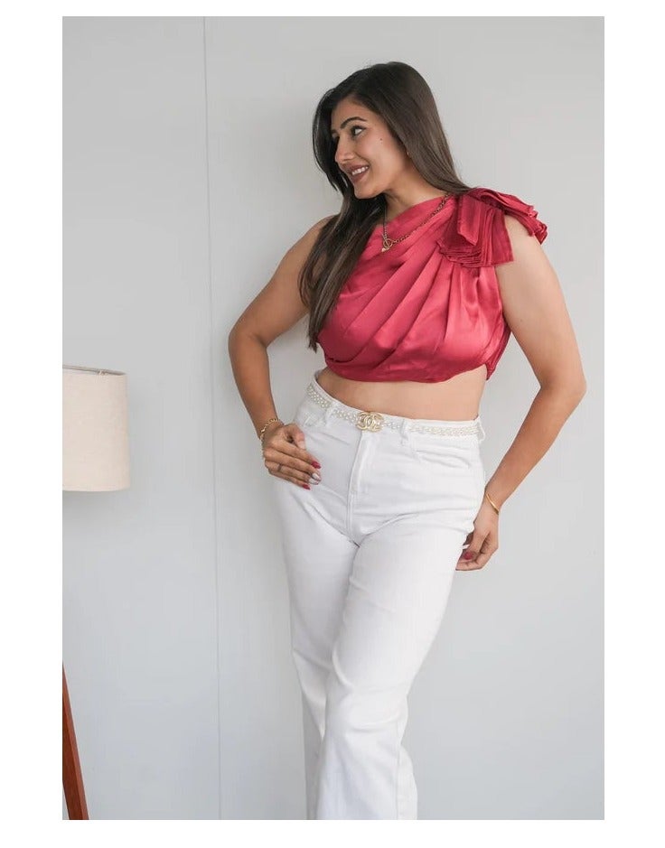 PRASHA One Shoulder Pink Top with Pleated Pink Dhoti Skirt Partywear Co - ord Set - Image 2