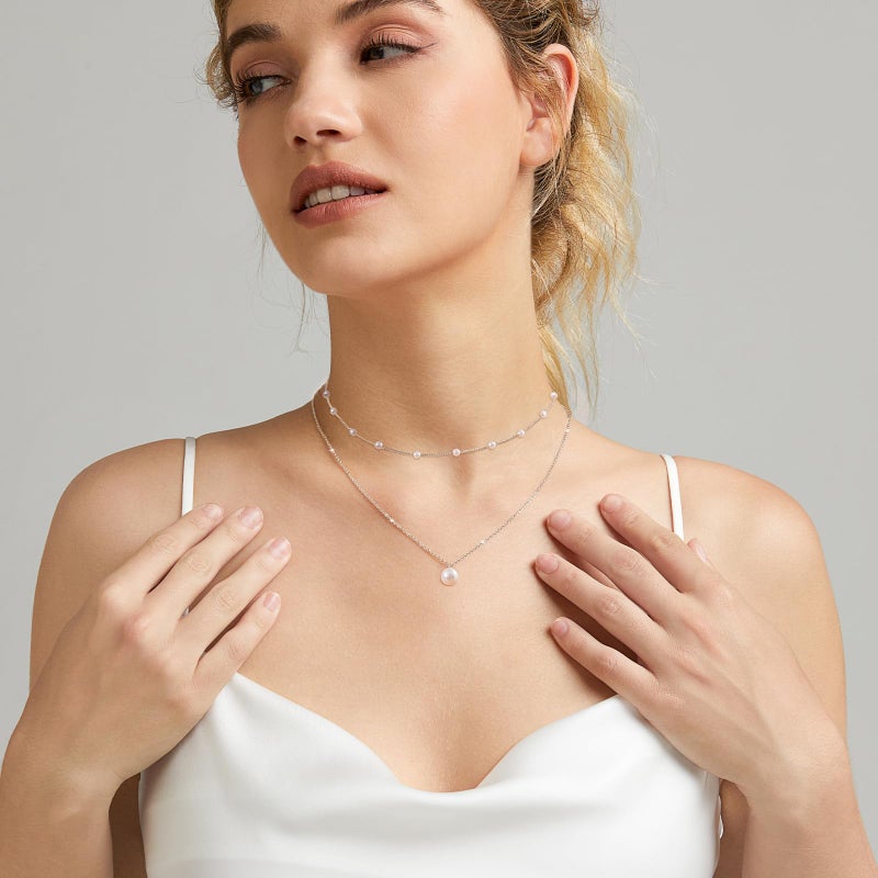 Zeffy Layered Silver Pearl Necklaces for Women Dainty Layered Tiny Single Pearl Choker Trendy Cute Silver Necklace Stack Wedding Jewelry Sets for Women Bridesmaid Gifts 2PCS - Image 5