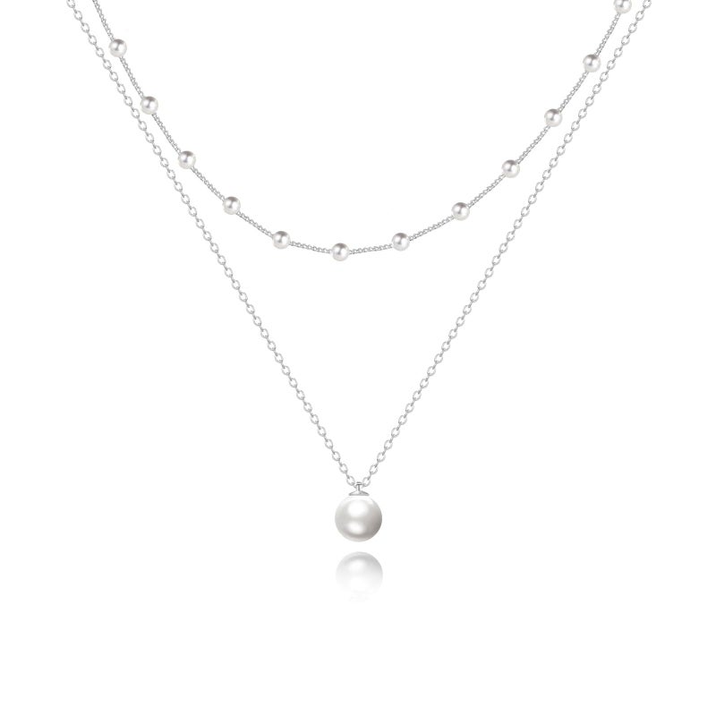 Zeffy Layered Silver Pearl Necklaces for Women Dainty Layered Tiny Single Pearl Choker Trendy Cute Silver Necklace Stack Wedding Jewelry Sets for Women Bridesmaid Gifts 2PCS - Image 1