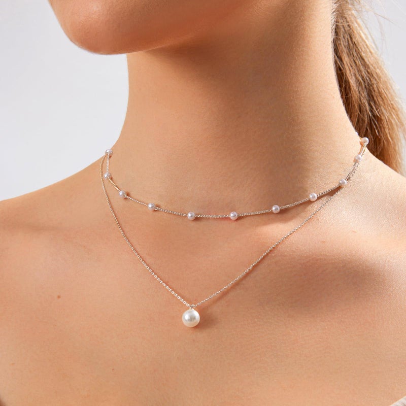 Zeffy Layered Silver Pearl Necklaces for Women Dainty Layered Tiny Single Pearl Choker Trendy Cute Silver Necklace Stack Wedding Jewelry Sets for Women Bridesmaid Gifts 2PCS - Image 3
