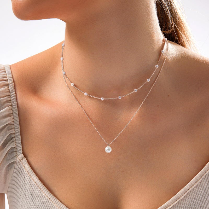 Zeffy Layered Silver Pearl Necklaces for Women Dainty Layered Tiny Single Pearl Choker Trendy Cute Silver Necklace Stack Wedding Jewelry Sets for Women Bridesmaid Gifts 2PCS - Image 2
