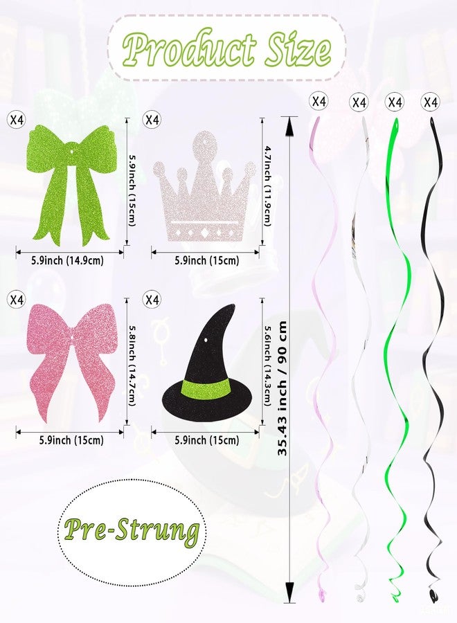 بيشيدا لافتات حفلات عيد ميلاد على شكل دوامات معلقة بفيلم الساحرة، 16 قطعة من لوازم حفلات الساحرة (فيونكة وردية، فيونكة خضراء، تاج أبيض، قبعة ساحرة) - Image 2