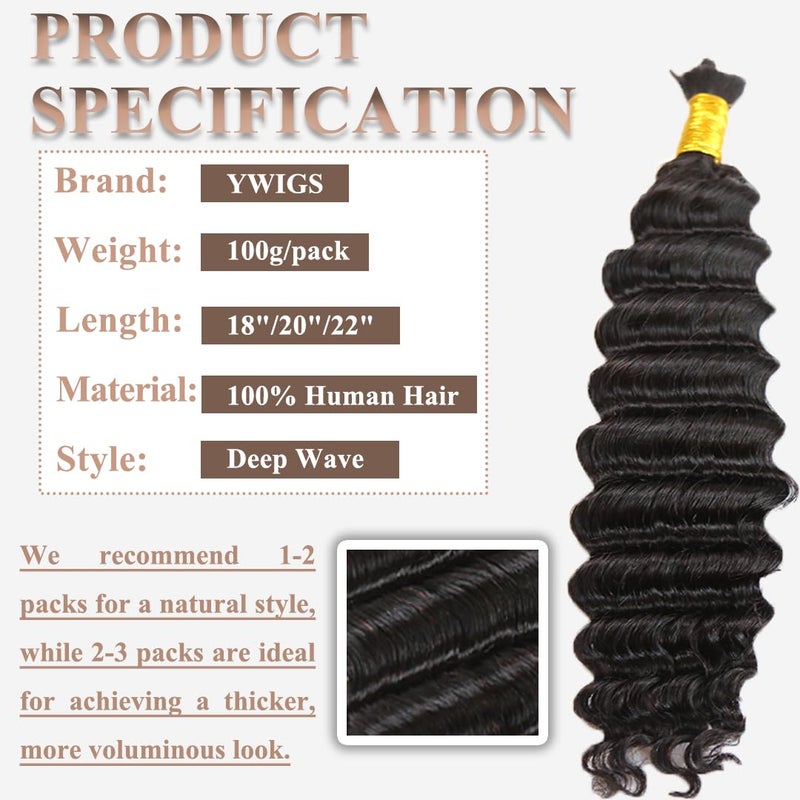 Y WIGS YWIGS Boho Human Hair for Braiding Human Deep Wave Braiding Hair 100G No Weft Virgin Human Braiding Hair Bundles NC 20inch - Image 2