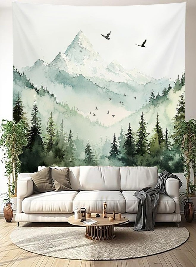 Algasan Mountain Forest Tapestry, Misty Foggy Green Tree Landscape Tapestries Watercolor Nature Scenery Birds Wall Tapestry Backdrop for Bedroom Living Room Dorm Decor 47 x 35 Inches - Image 3