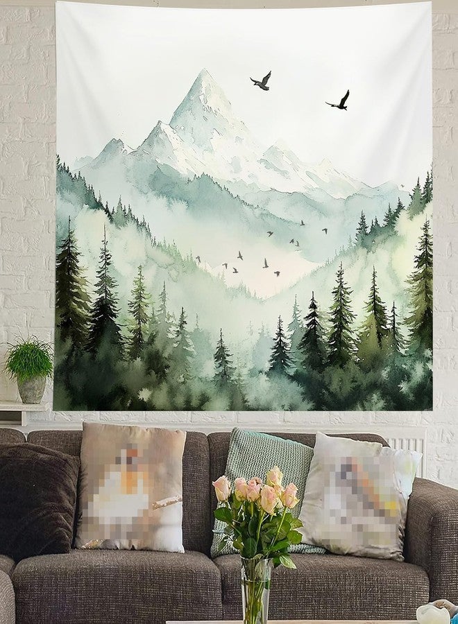 Algasan Mountain Forest Tapestry, Misty Foggy Green Tree Landscape Tapestries Watercolor Nature Scenery Birds Wall Tapestry Backdrop for Bedroom Living Room Dorm Decor 47 x 35 Inches - Image 4