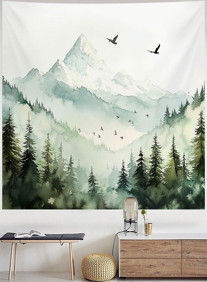 Algasan Mountain Forest Tapestry, Misty Foggy Green Tree Landscape Tapestries Watercolor Nature Scenery Birds Wall Tapestry Backdrop for Bedroom Living Room Dorm Decor 47 x 35 Inches - Image 1