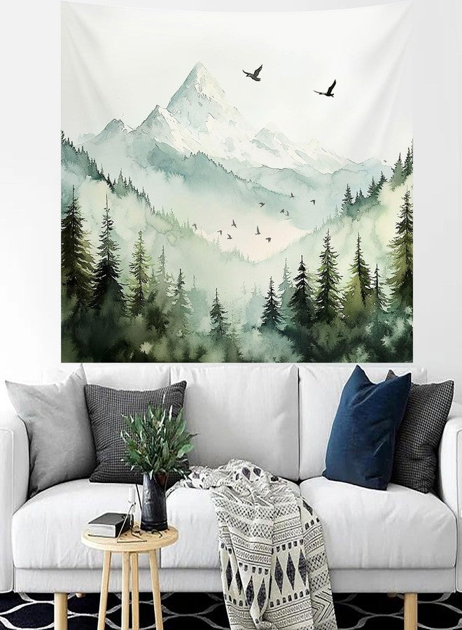 Algasan Mountain Forest Tapestry, Misty Foggy Green Tree Landscape Tapestries Watercolor Nature Scenery Birds Wall Tapestry Backdrop for Bedroom Living Room Dorm Decor 47 x 35 Inches - Image 2
