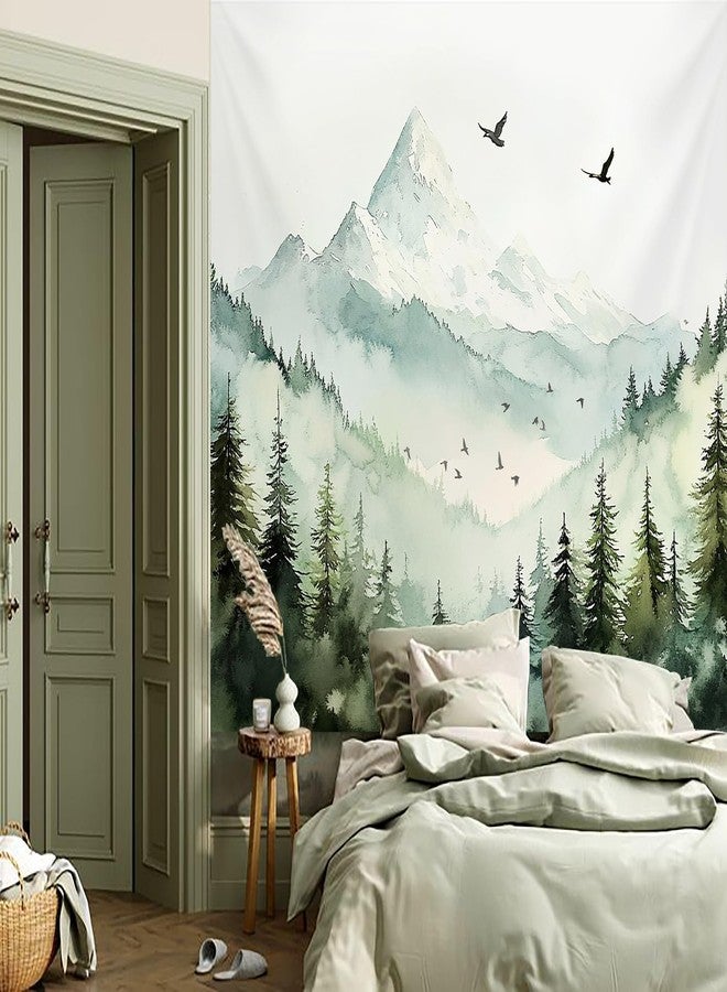 Algasan Mountain Forest Tapestry, Misty Foggy Green Tree Landscape Tapestries Watercolor Nature Scenery Birds Wall Tapestry Backdrop for Bedroom Living Room Dorm Decor 47 x 35 Inches - Image 5