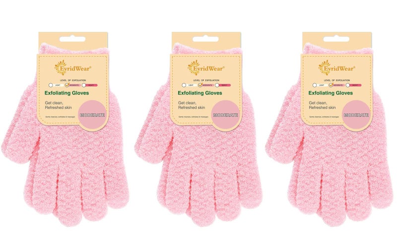 Evridwear Exfoliating Gloves for Shower 100 Nylon Thick Soft Medium Heavy Bathing Gloves Dead Skin Remover Body Scrubber Smooth Skin with Hang Loop 3 Pairs Moderate Pink