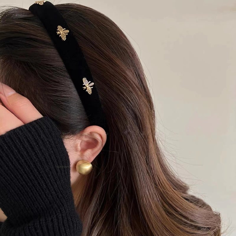 Generic Velvet Little Bee Fabric Face Wash Hair Hoop Womens Autumn and Winter Plush High Cranial Top Head Hoop Pressure Hair Outgoing Hair Clip Hair Accessories Black -2cm wide 