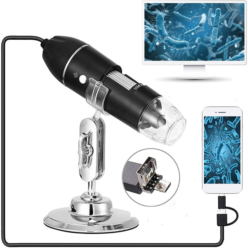 كاميرا مجهر رقمية محمولة 3 في 1 بمنفذ Micro USB وType-C مع ضوء، تكبير 50x-1600x