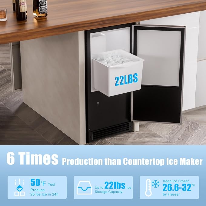15" W Drainless Under Counter Ice Maker with 22LBS Storage Bin | Crescent Ice, Free Standing Built-in Ice Maker for Residential Commercial Use, No Drain Required, ETL Approved, 2026 Upgraded - Image 3
