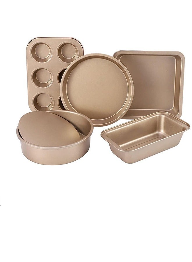 Nonstick Bakeware Set 5 PCS Baking Pans Set- Pizza Tray, Round/Square Pans, Loaf Pan, 6-Cup Muffin Pan Carbon Steel Baking Trays Oven Trays for Bakers Beginners - Image 1
