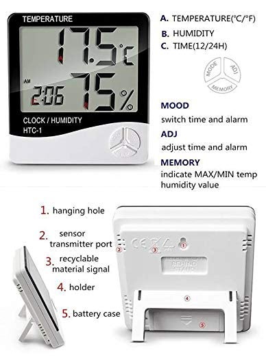 FStyler - FStyler HTCClock01 Hygrometer Humidity Meter with Temp and Clock Display Digital Thermometer White - Image 1