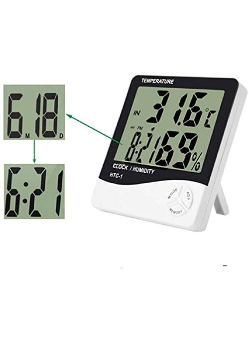 FStyler - FStyler HTCClock01 Hygrometer Humidity Meter with Temp and Clock Display Digital Thermometer White - Image 1