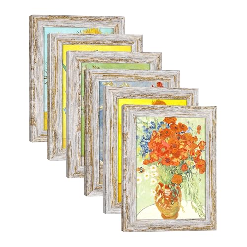 DEKWINN Rustic Distressed Retro Style White Photo Frame 5x7 Picture Frame Set of 6 with Real Glass for Pictures 4x6 with Mat or 5x7 Without Mat, Wall Gallery or Tabletop display - Image 1