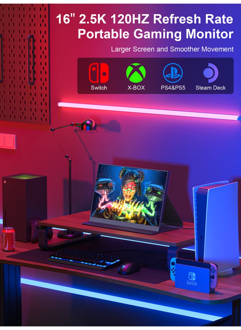 16" 2.5K Gaming 120Hz Portable Monitor – Extend PC, Mobile & PS4 Display with Matte Screen, FreeSync, 100% sRGB, 0.39" Slim & 1.52lb, 1200:1 Contrast, 10Bit 1.07B Color  - Image 4