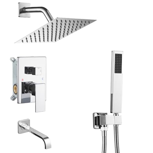 Heable Chrome Shower System Bathroom Shower Faucet Set with Tub Spout Wall Mounted 8 Inch Shower Head and Handle Set with Handheld 3 Function Tub and Shower Trim Kit with Rough-in Valve - Image 1