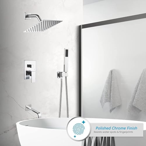 Heable Chrome Shower System Bathroom Shower Faucet Set with Tub Spout Wall Mounted 8 Inch Shower Head and Handle Set with Handheld 3 Function Tub and Shower Trim Kit with Rough-in Valve - Image 2