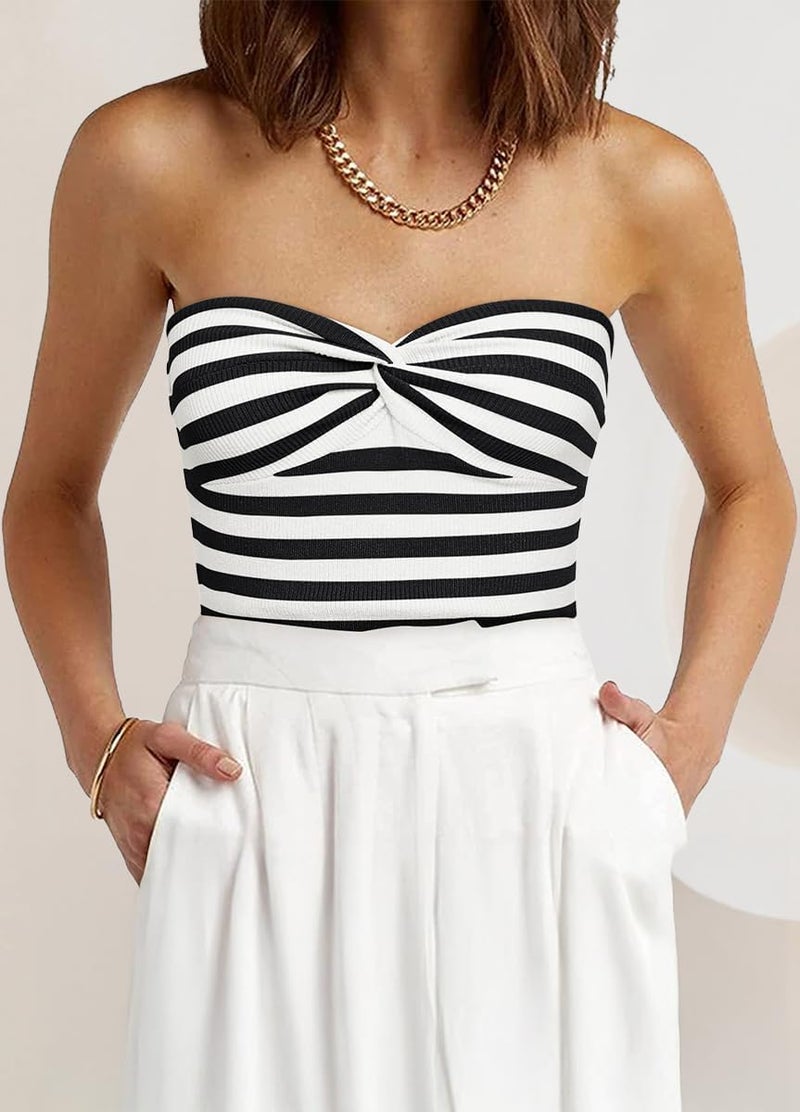 EFAN Womens Tube Tops Summer Outfits 2026 Cute Striped Crop Y2K Tops Beach Vacation Spring Fashion Sweaters Strapless Sleeveless Clothes Striped White S - Image 3