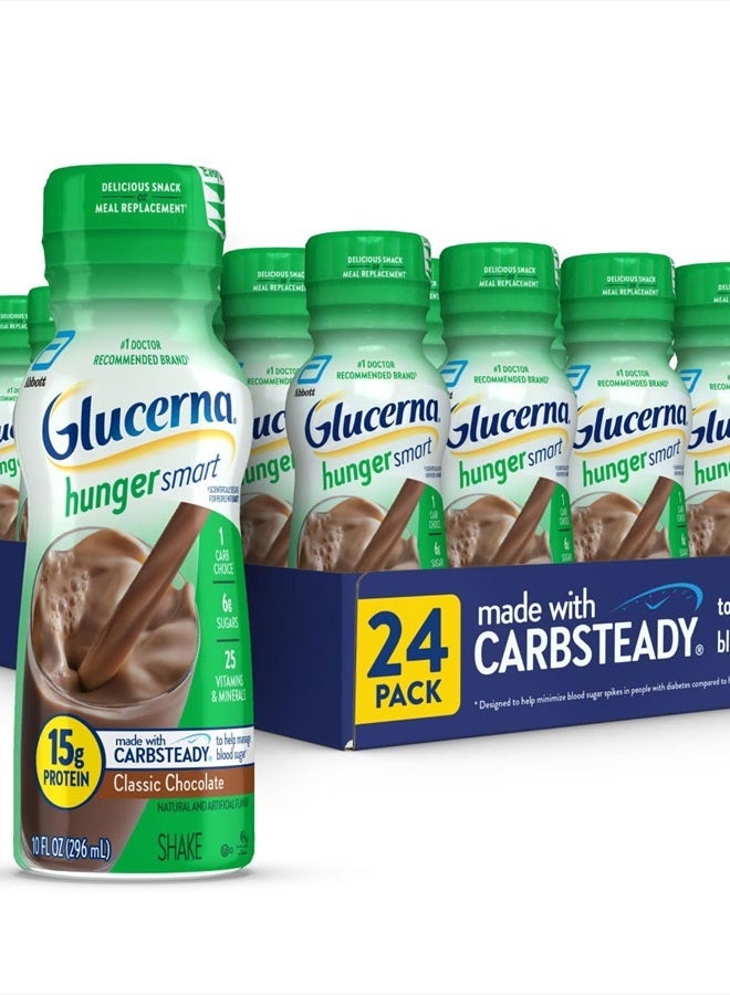 Glucerna مشروب Hunger Smart Shake لمرضى السكر، للتحكم في نسبة السكر في الدم، 15 جرام بروتين، 180 سعرة حرارية، شوكولاتة كلاسيكية، زجاجة سعة 10 أونصات سائلة، 24 قطعة - Image 1