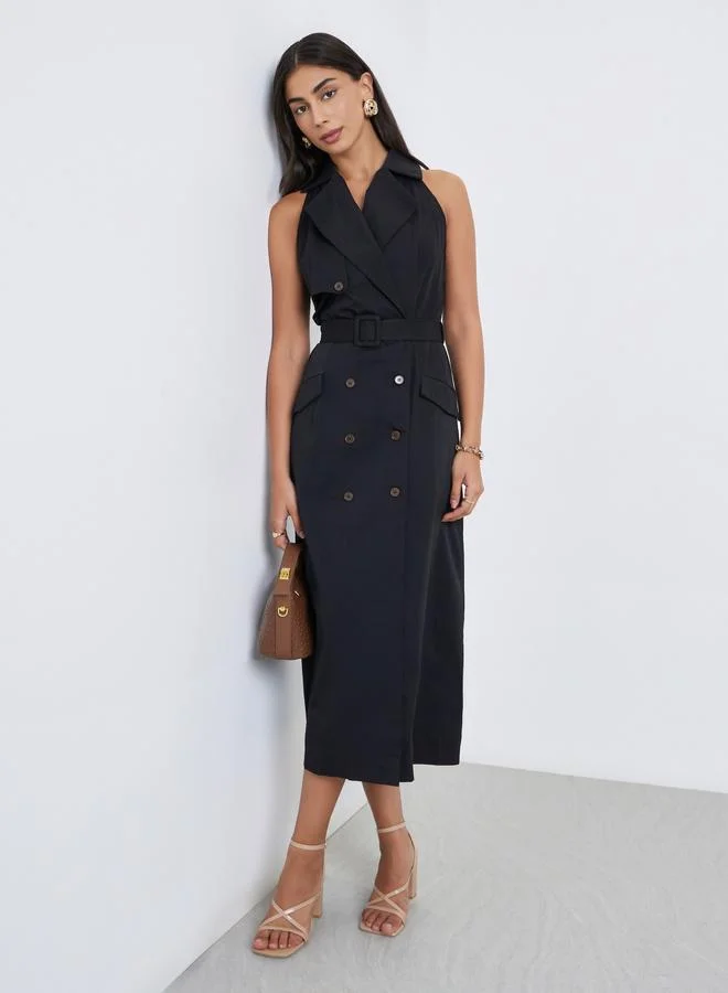 Styli Styli Black Sleeveless Belted Blazer Midi Dress