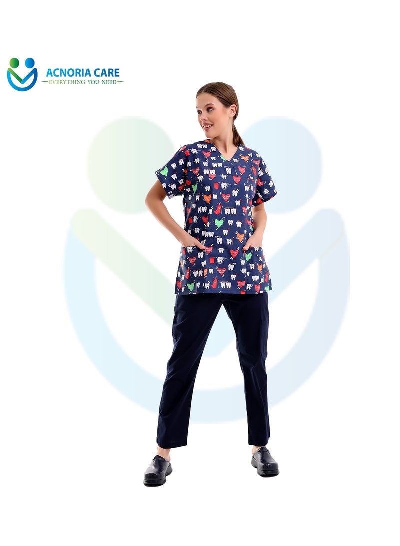 ACNORIA CARE Women's Printed Medical Scrubs Consisting Of Two Pieces Blouse And Pants 65% Polyester, 35% Cotton Blue Color - Size S - From Acnoria Care  - Image 1