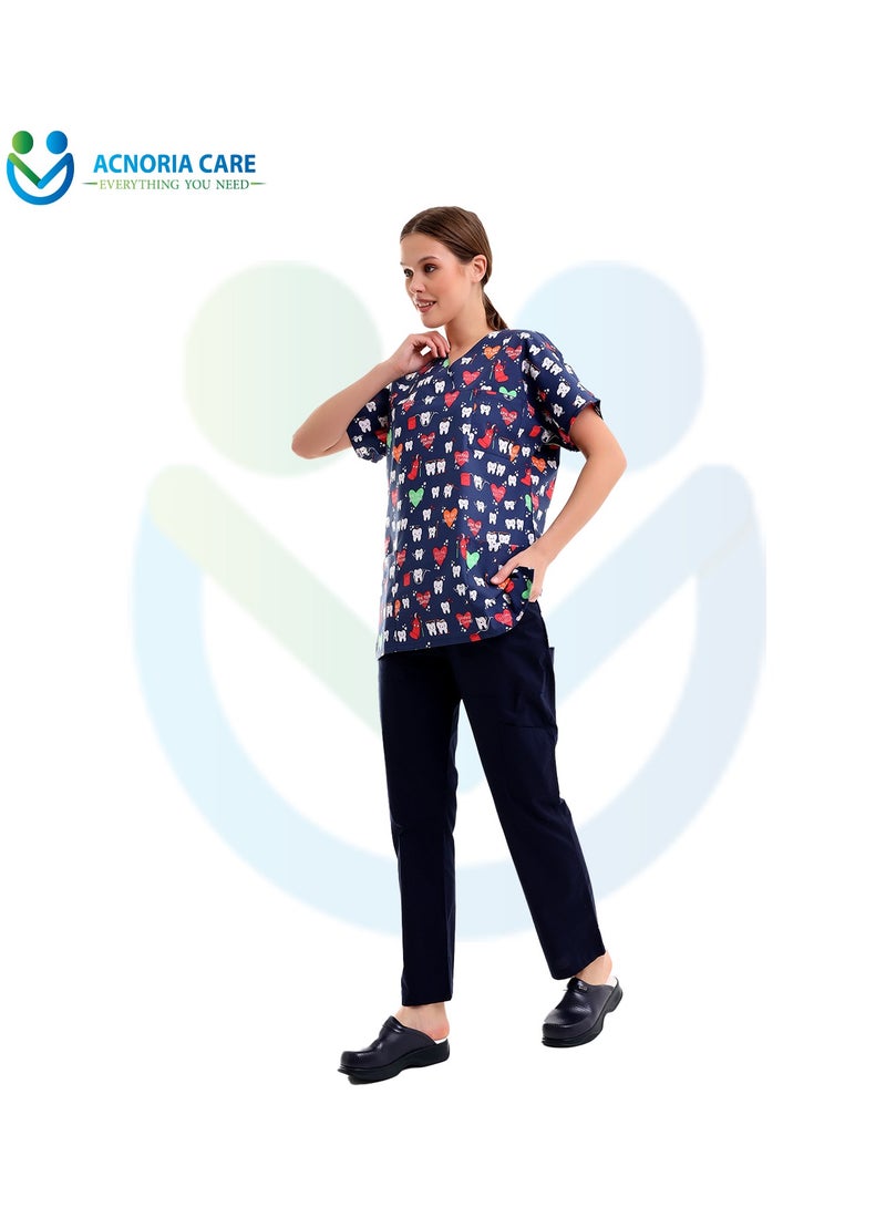 ACNORIA CARE Women's Printed Medical Scrubs Consisting Of Two Pieces Blouse And Pants 65% Polyester, 35% Cotton Blue Color - Size S - From Acnoria Care  - Image 4