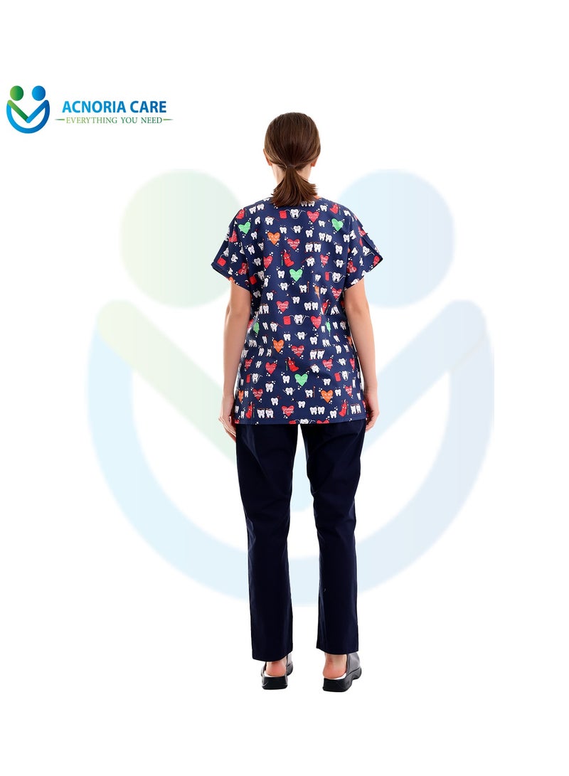 ACNORIA CARE Women's Printed Medical Scrubs Consisting Of Two Pieces Blouse And Pants 65% Polyester, 35% Cotton Blue Color - Size S - From Acnoria Care  - Image 2
