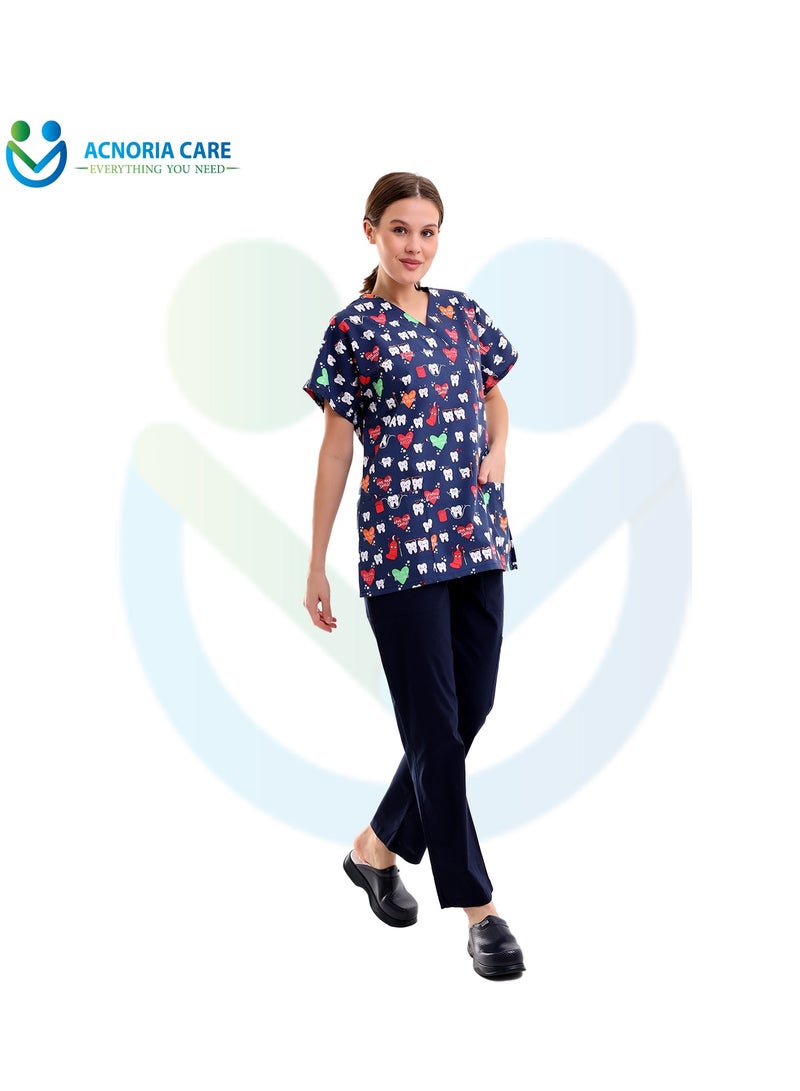 ACNORIA CARE Women's Printed Medical Scrubs Consisting Of Two Pieces Blouse And Pants 65% Polyester, 35% Cotton Blue Color - Size S - From Acnoria Care  - Image 5