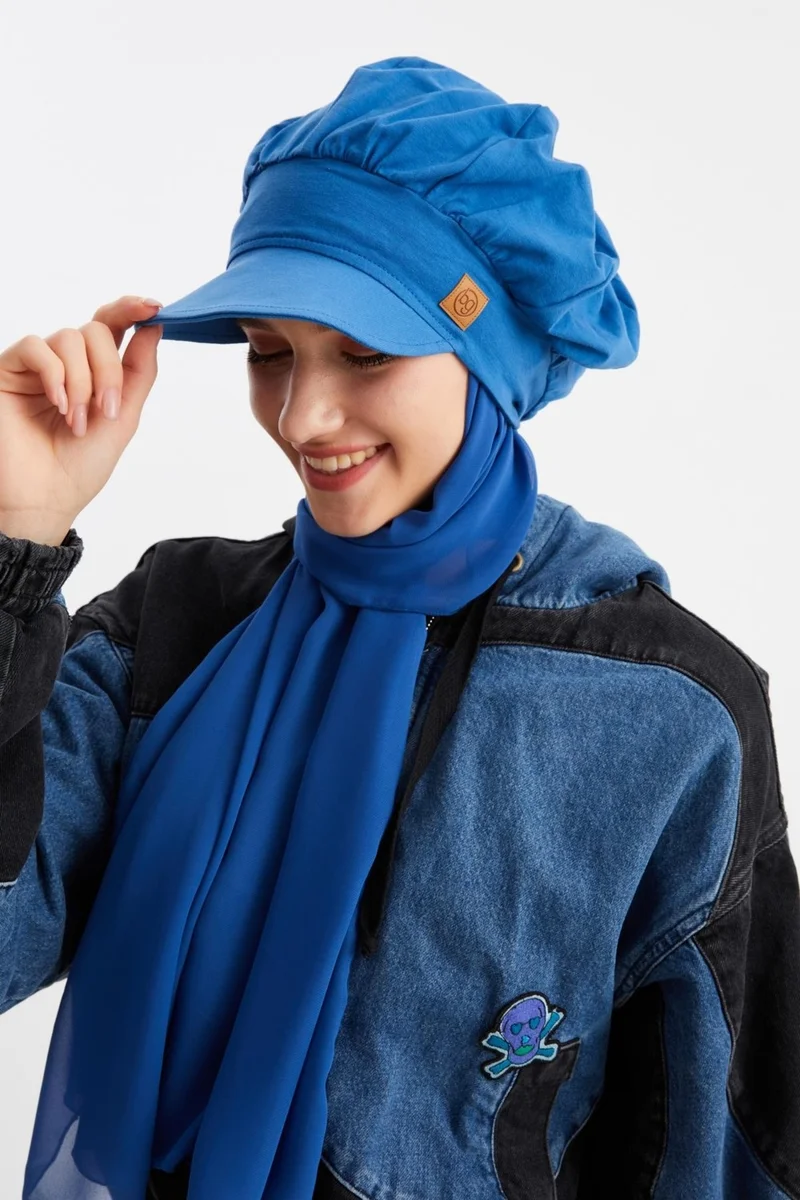 Butikgiz Night Blue Women's Hijab Multi Chiffon Silky Shawl and Cotton Combed Visor Hat Pair - Comfortable, Extra Light