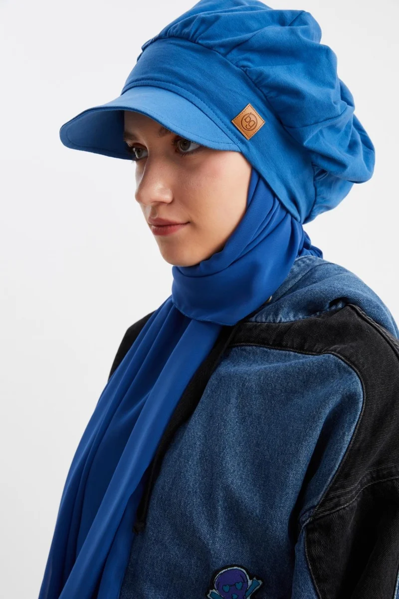 Butikgiz Night Blue Women's Hijab Multi Chiffon Silky Shawl and Cotton Combed Visor Hat Pair - Comfortable, Extra Light