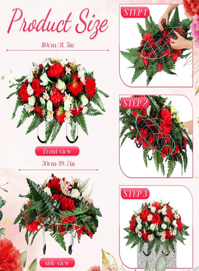 Giegxin Memorial Day Headstone Flower Saddle Cemetery Flowers for Grave Large Red Mums and White Rose Artificial Memorial Bouquets Floral Arrangement Easter Outdoor Graveyard Decoration for Headstone - Image 2