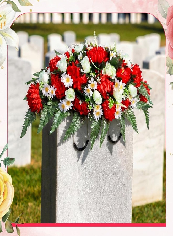 Giegxin Memorial Day Headstone Flower Saddle Cemetery Flowers for Grave Large Red Mums and White Rose Artificial Memorial Bouquets Floral Arrangement Easter Outdoor Graveyard Decoration for Headstone - Image 4