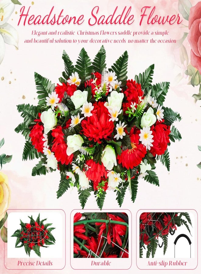 Giegxin Memorial Day Headstone Flower Saddle Cemetery Flowers for Grave Large Red Mums and White Rose Artificial Memorial Bouquets Floral Arrangement Easter Outdoor Graveyard Decoration for Headstone - Image 5