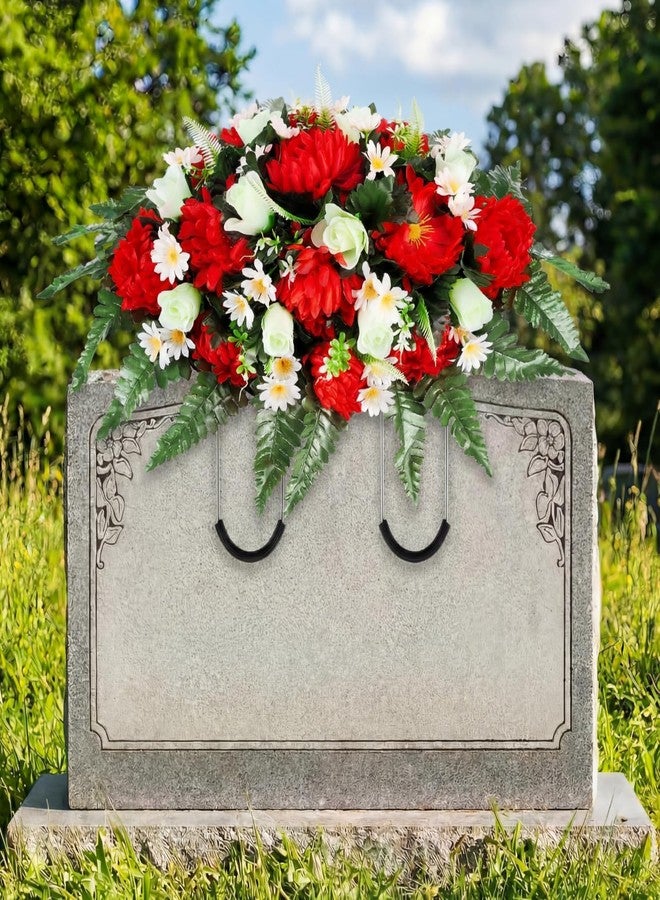 Giegxin Memorial Day Headstone Flower Saddle Cemetery Flowers for Grave Large Red Mums and White Rose Artificial Memorial Bouquets Floral Arrangement Easter Outdoor Graveyard Decoration for Headstone - Image 1