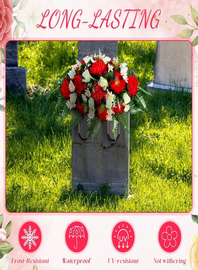 Giegxin Memorial Day Headstone Flower Saddle Cemetery Flowers for Grave Large Red Mums and White Rose Artificial Memorial Bouquets Floral Arrangement Easter Outdoor Graveyard Decoration for Headstone - Image 3