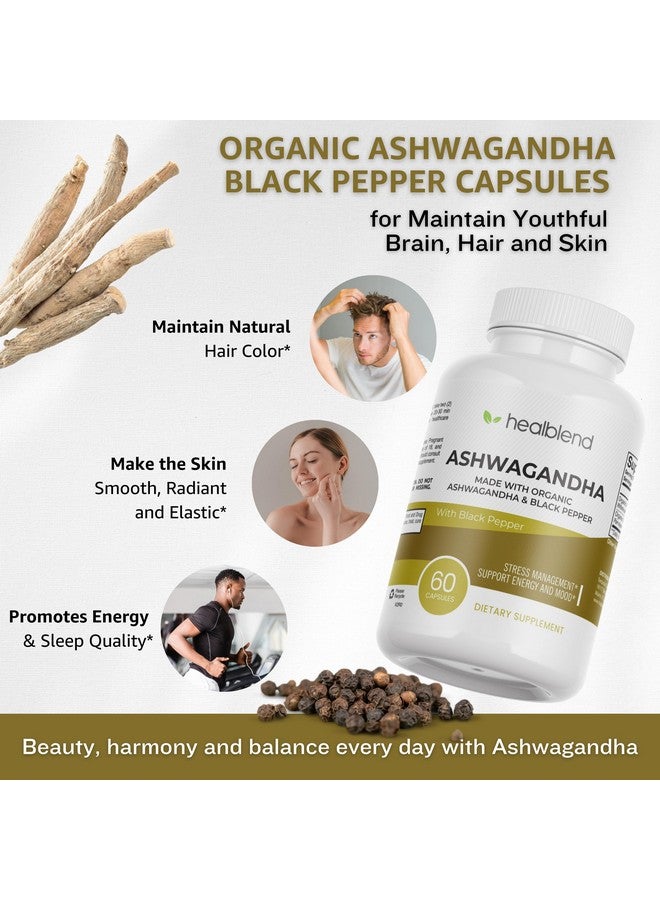 healblend Organic Ashwagandha 1300mg with Black Pepper Extract - Mood & Energy Support Supplement - 60 Capsules (1) - Image 3